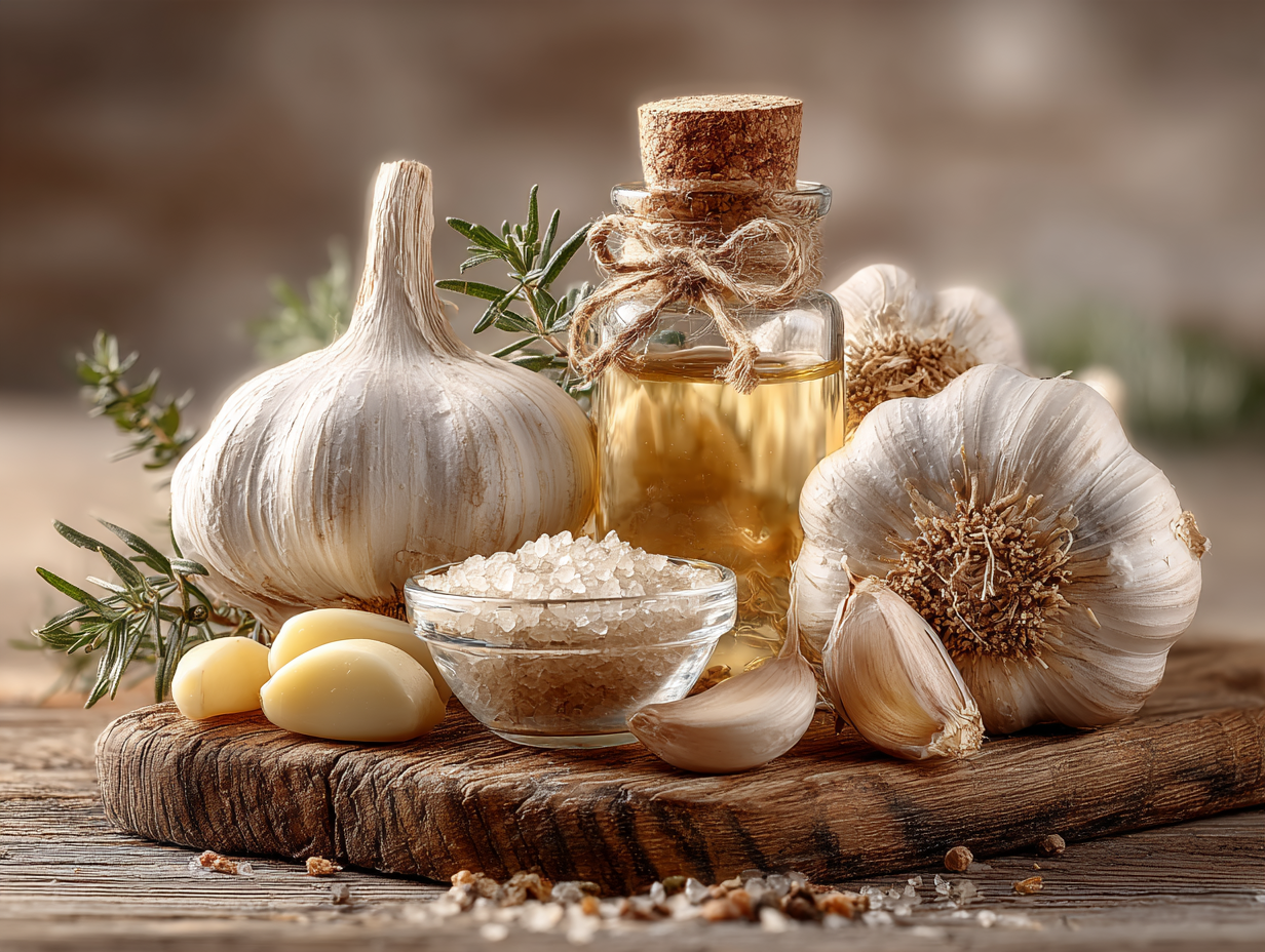 Imagem ultra realista mostrando alho inteiro, dentes de alho, óleo essencial de alho e cápsulas dispostos sobre uma mesa com adornos naturais — representando se o alho é bom para candidíase.