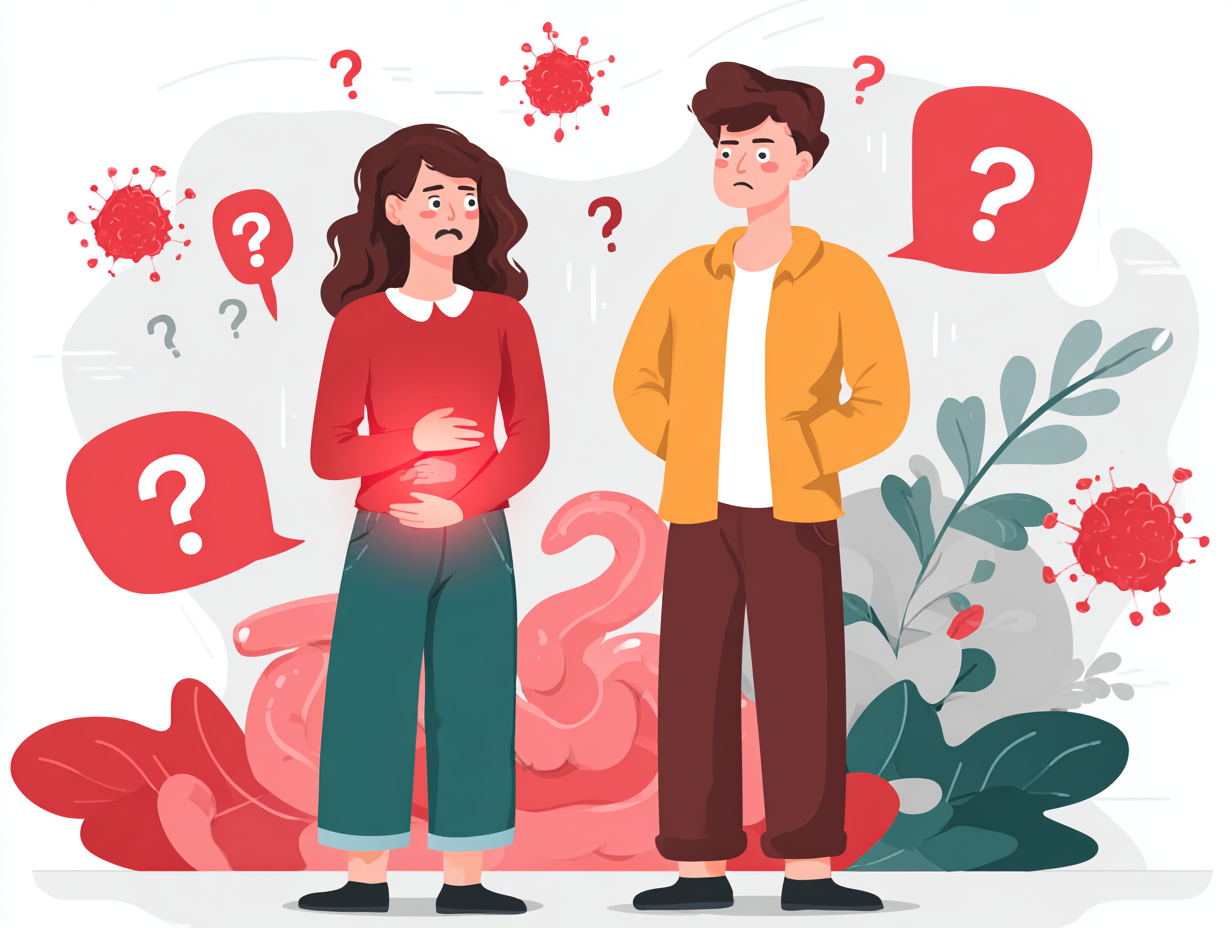 Ilustração médica de um casal com dor na região íntima, representando infecção por fungo genital e dúvidas sobre candidíase.