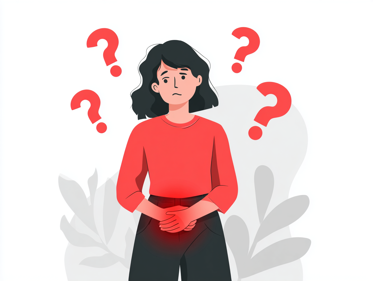 Ilustração médica de uma mulher com dor e incômodo na região pélvica, simbolizando infecção por fungos vaginais