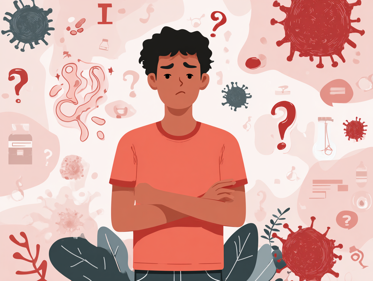 Ilustração de um homem com desconforto na região íntima, se questionando se homem tem candidíase