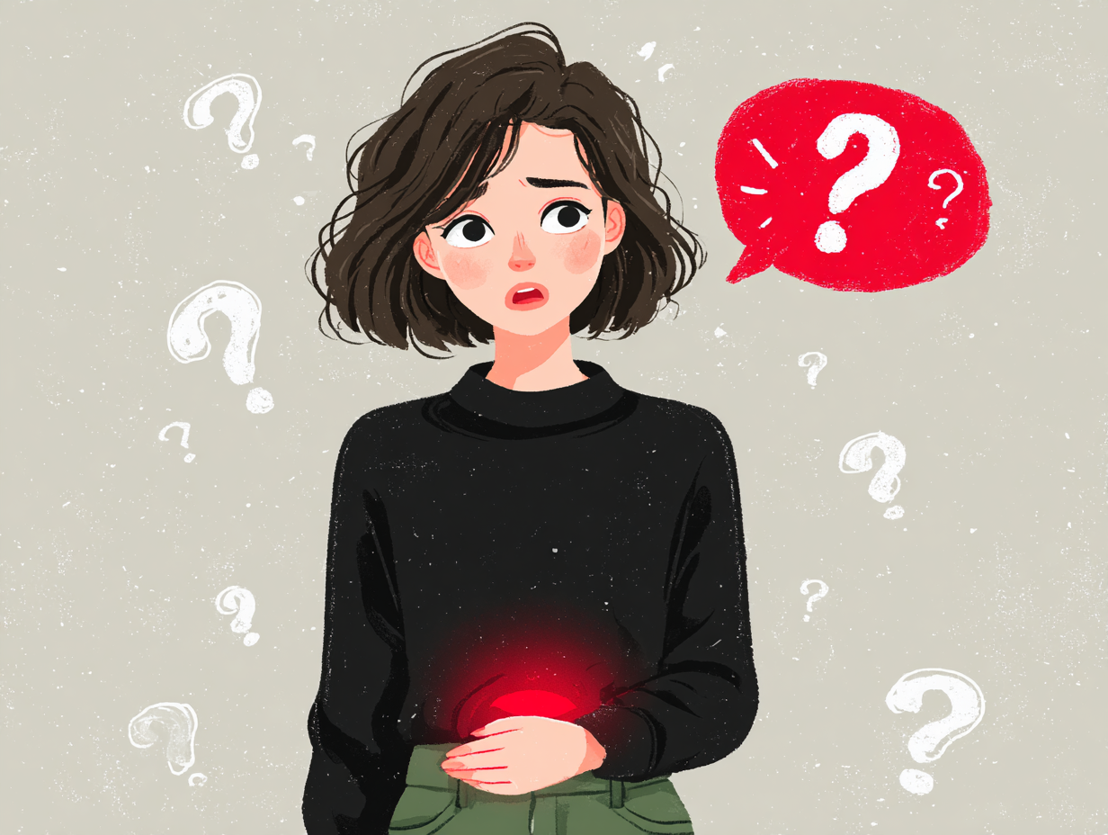 Ilustração médica de uma mulher com dor pélvica e expressão de dúvida, representando o início de candidíase