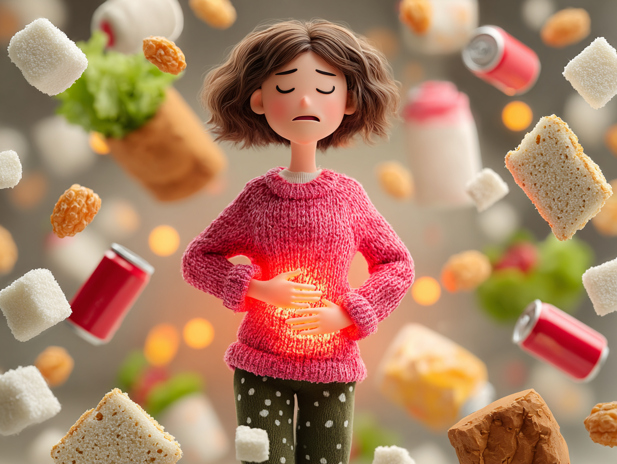 Ilustração de uma mulher feliz consumindo vegetais e chá natural, representando uma alimentação equilibrada para prevenção da candidíase