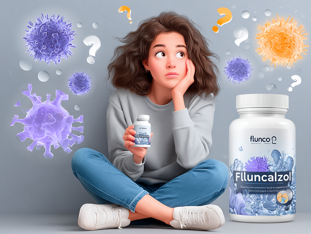 Ilustração médica de uma mulher com dúvida entre fluconazol e probióticos, representando o uso de medicamento para candidíase.