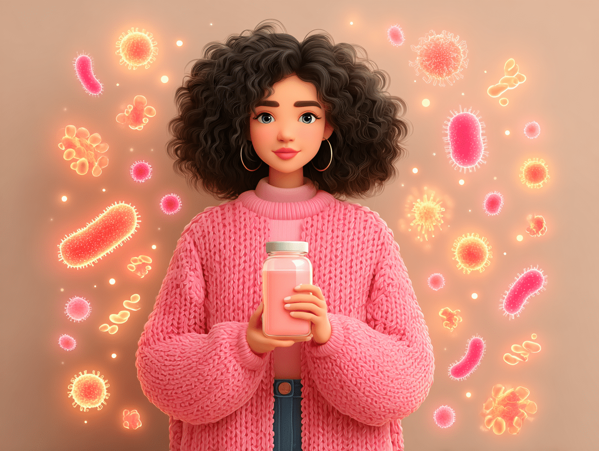 Ilustração de uma mulher segura com suplemento e iogurte nas mãos, representando o uso de probióticos para candidíase com equilíbrio e saúde intestinal.