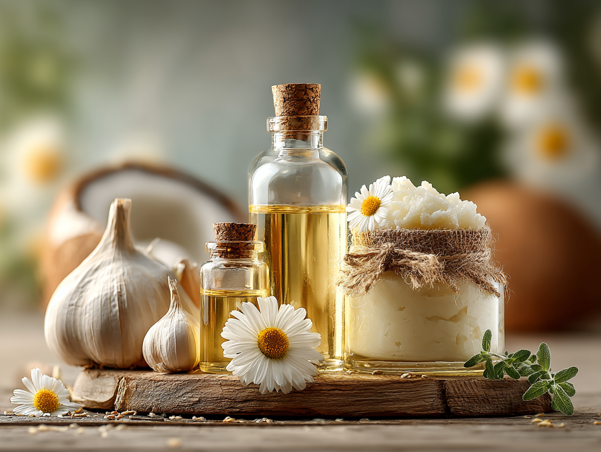 Foto hiper-realista de mesa com óleos essenciais, alho, cremes e chás naturais usados como tratamentos caseiros para candidíase