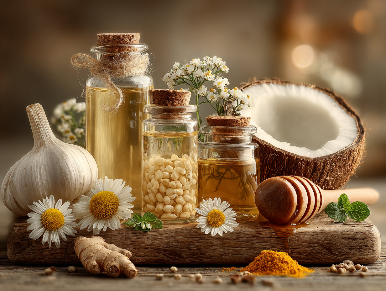 Foto ultra realista de uma mesa com óleos essenciais, ervas, alho, orégano e alimentos antifúngicos, representando o tratamento natural para candidíase.