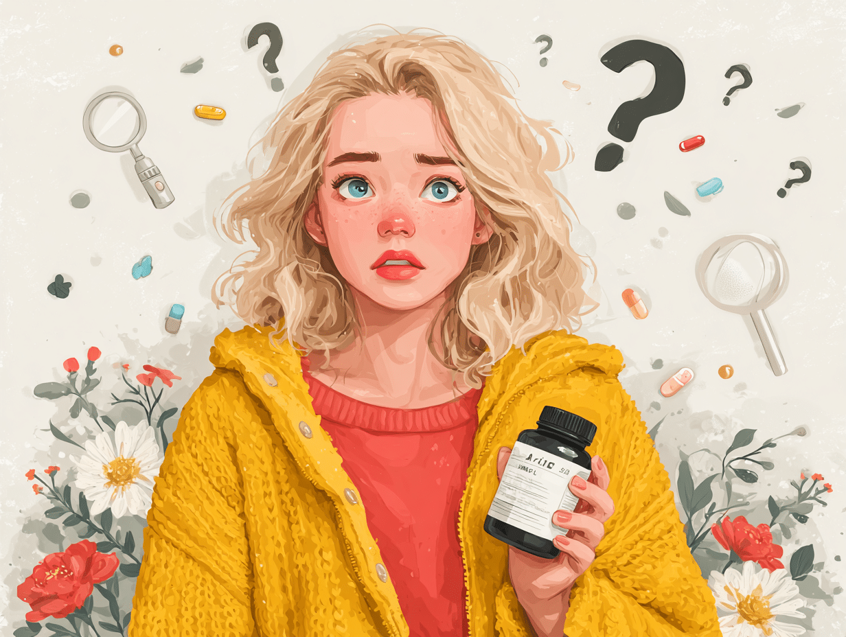 Ilustração flat de uma mulher loira segurando um suplemento para candidíase com interrogações na cabeça, analisando o frasco com uma lupa e frascos ao redor.