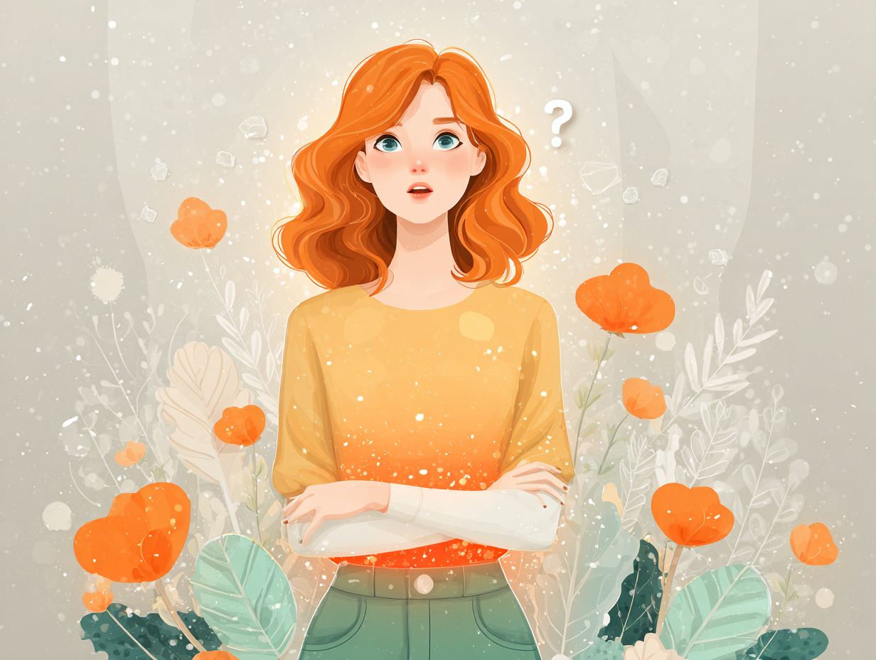 Mulher ruiva com expressão de desconforto na região pélvica, interrogação sobre a cabeça e fungos ao redor representando a duvida de candidíase o que fazer.