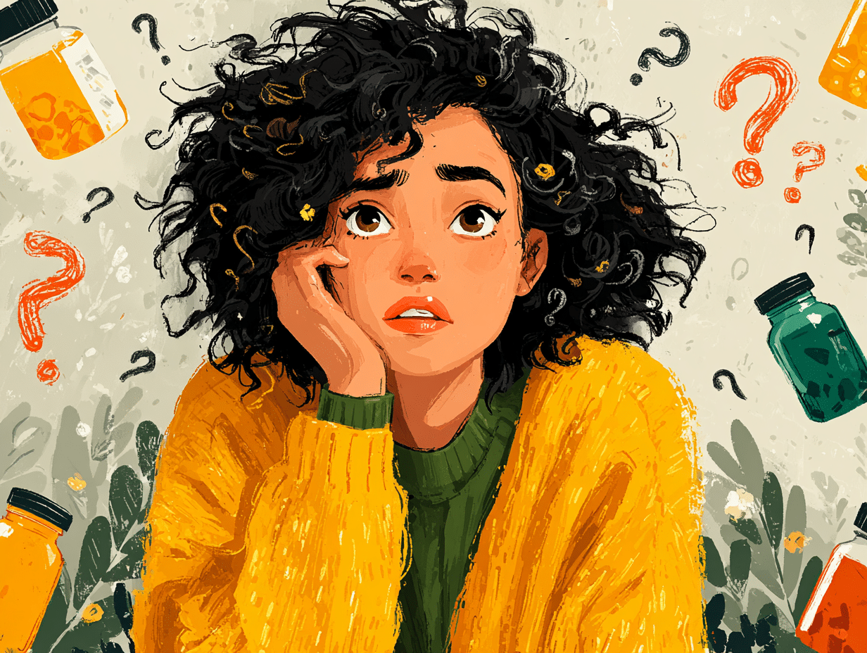 Ilustração flat de mulher negra com expressão de dúvida, cercada por frascos e cápsulas, representando a dúvida do qual o melhor probiótico para candidíase de repetição.