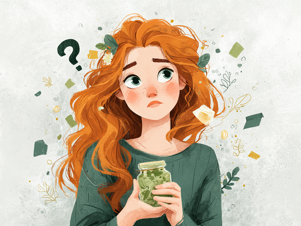 Mulher ruiva com interrogações sobre óleo de orégano para candidíase como usar, a cabeça segurando um pote verde de suplemento de orégano, cercada por folhas, simbolizando dúvidas sobre sua eficácia.