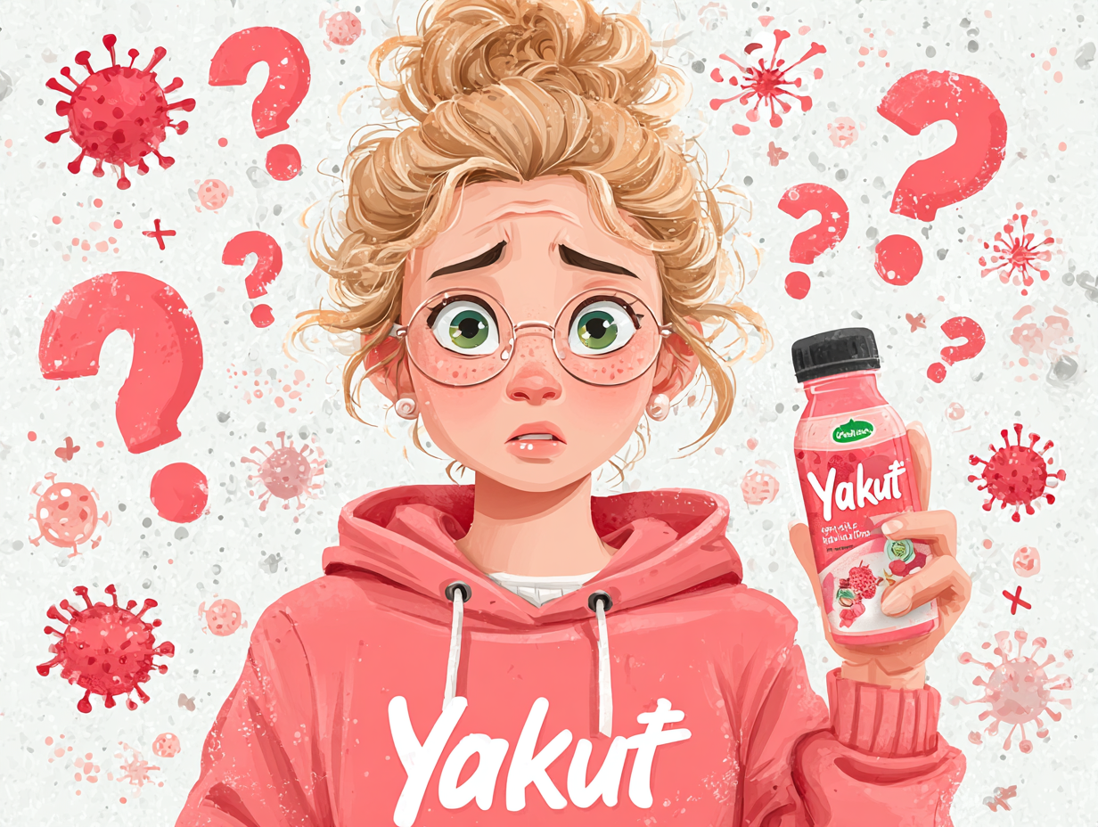 Ilustração flat de mulher loira segurando um Yakult com expressão de dúvida, interrogações ao redor da cabeça e fungos da candidíase visíveis ao fundo, simbolizando incerteza sobre a eficácia do yakult para candidíase.