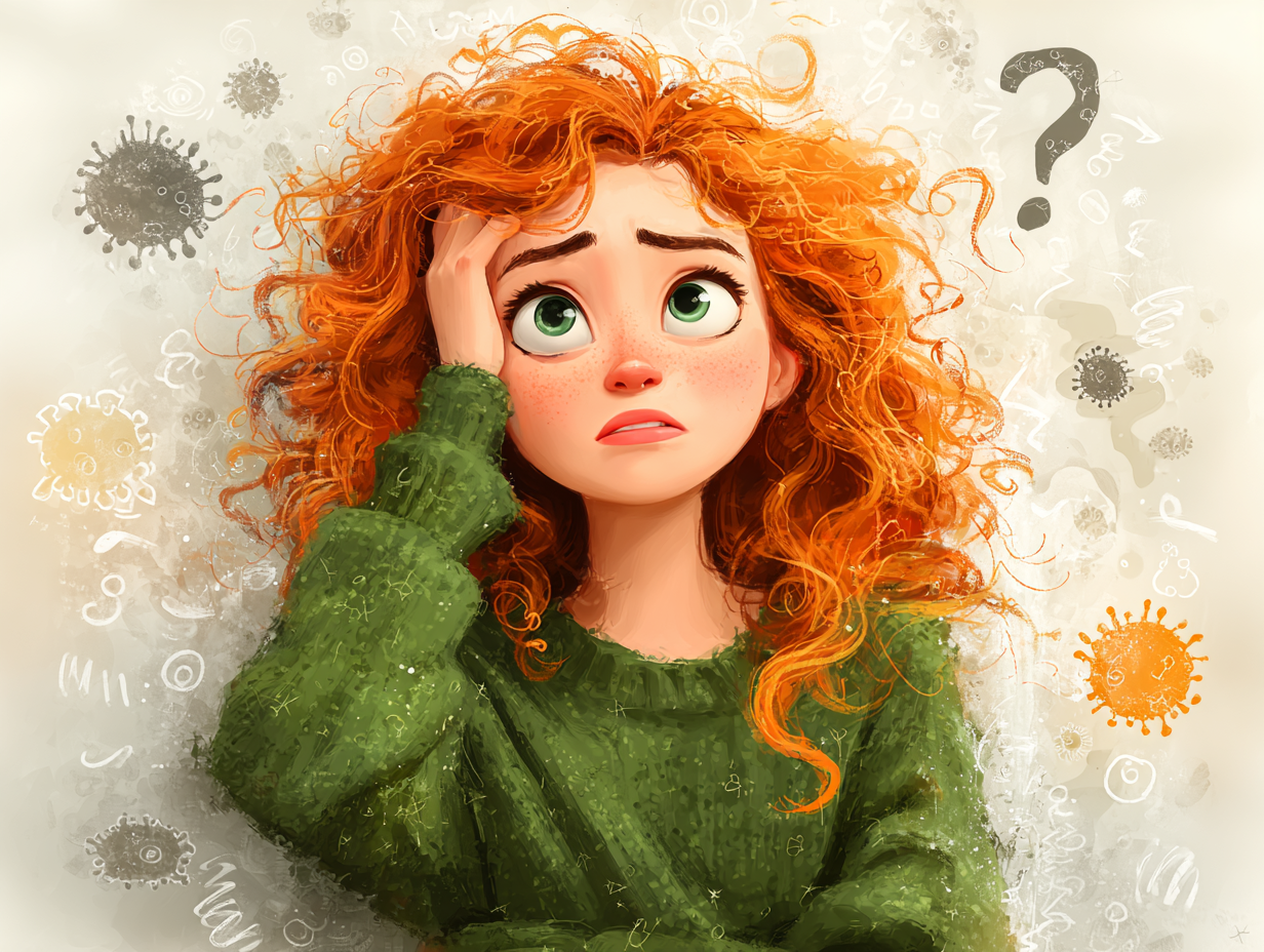 Ilustração de uma mulher ruiva com expressão estressada e mão na cabeça, cercada por símbolos de estresse e fungos, pensando se o estresse causa candidíase