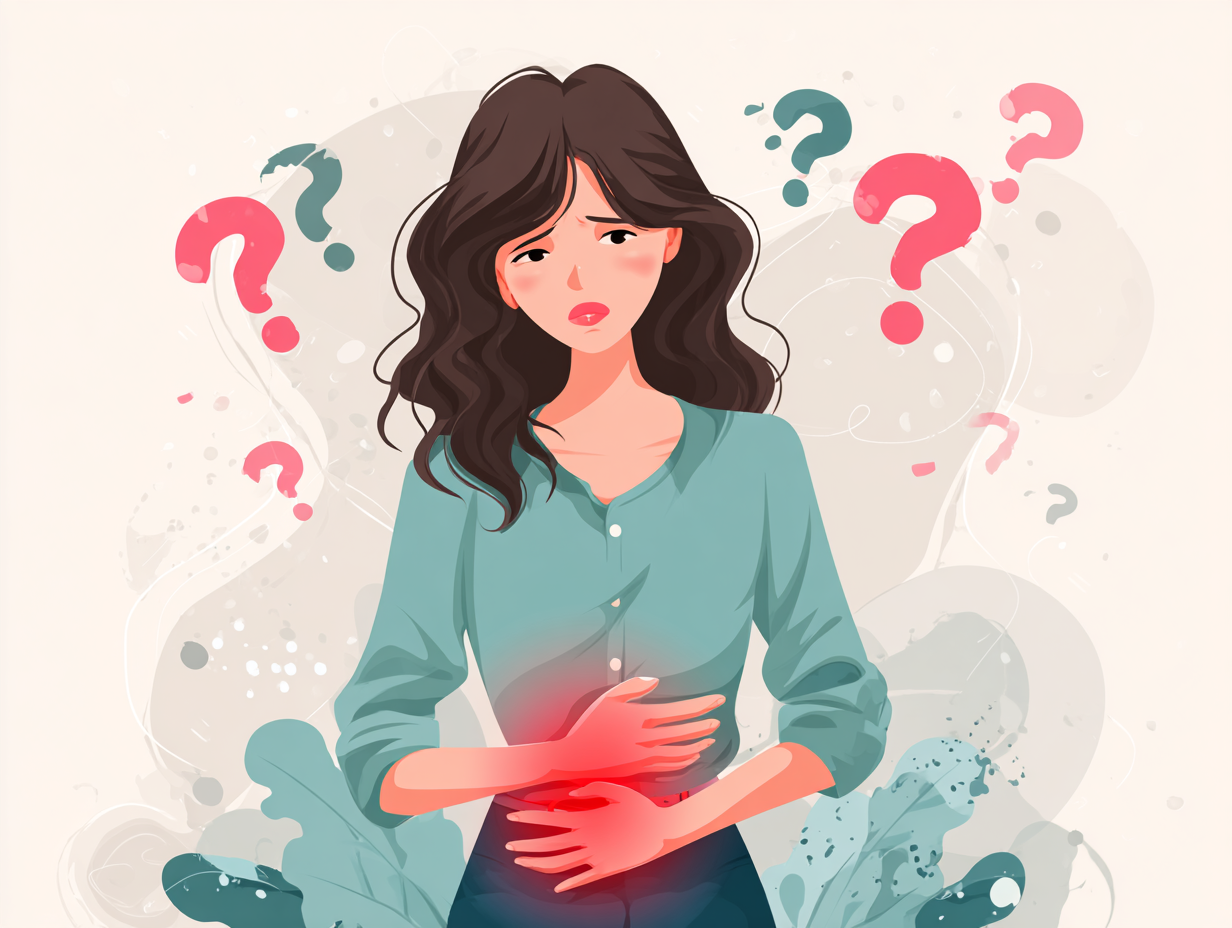 Ilustração de mulher com as mãos na parte inferior do abdômen, com luz vermelha na região pélvica e interrogações ao redor da cabeça, representando sintomas e dúvidas sobre co que é candidíase feminina.