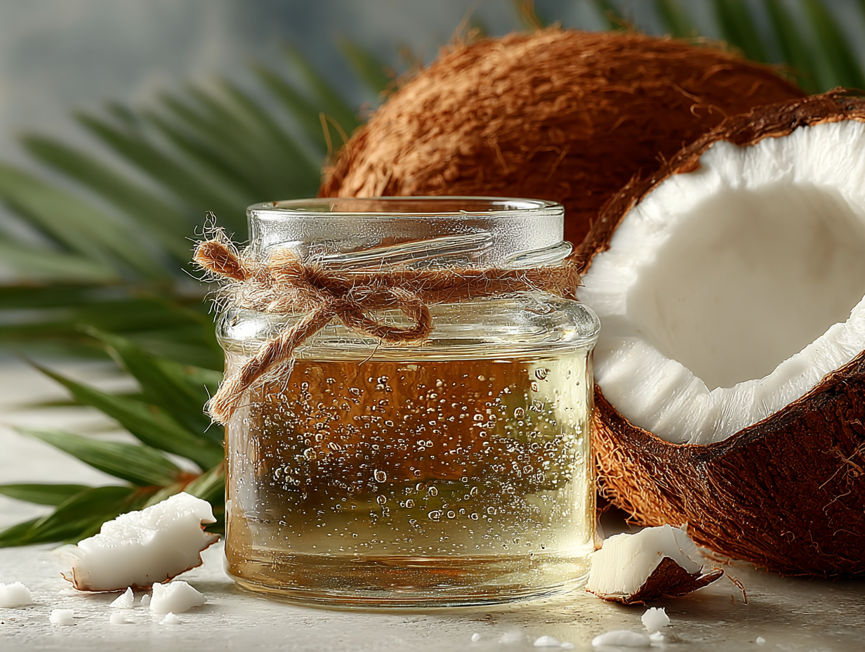 Foto hiper-realista de um pote de vidro com óleo de coco, cercado por cocos frescos sobre uma superfície limpa, ilustrando o uso natural do óleo de coco para candidíase