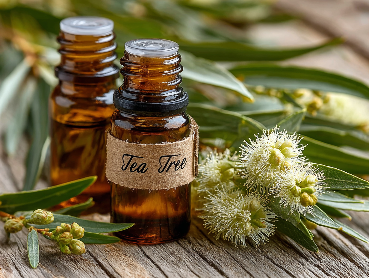 Foto realista de um frasco de óleo essencial de melaleuca rodeado por folhas frescas da planta, representando o uso do óleo de melaleuca para candidíase.