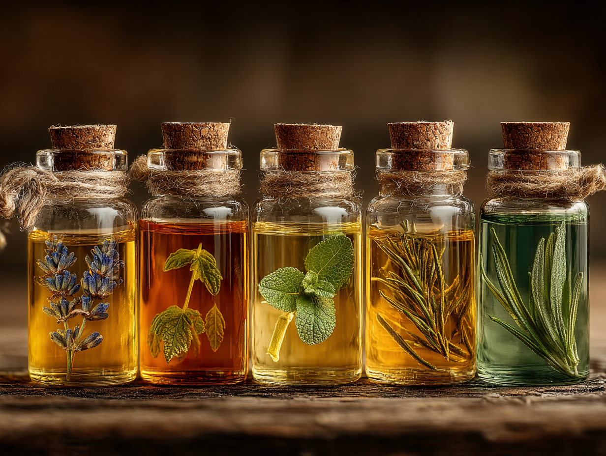 Foto realista com frascos de óleos essenciais ladeados por ervas medicinais como lavanda, orégano e melaleuca, destacando o uso natural de óleo essencial para candidíase.