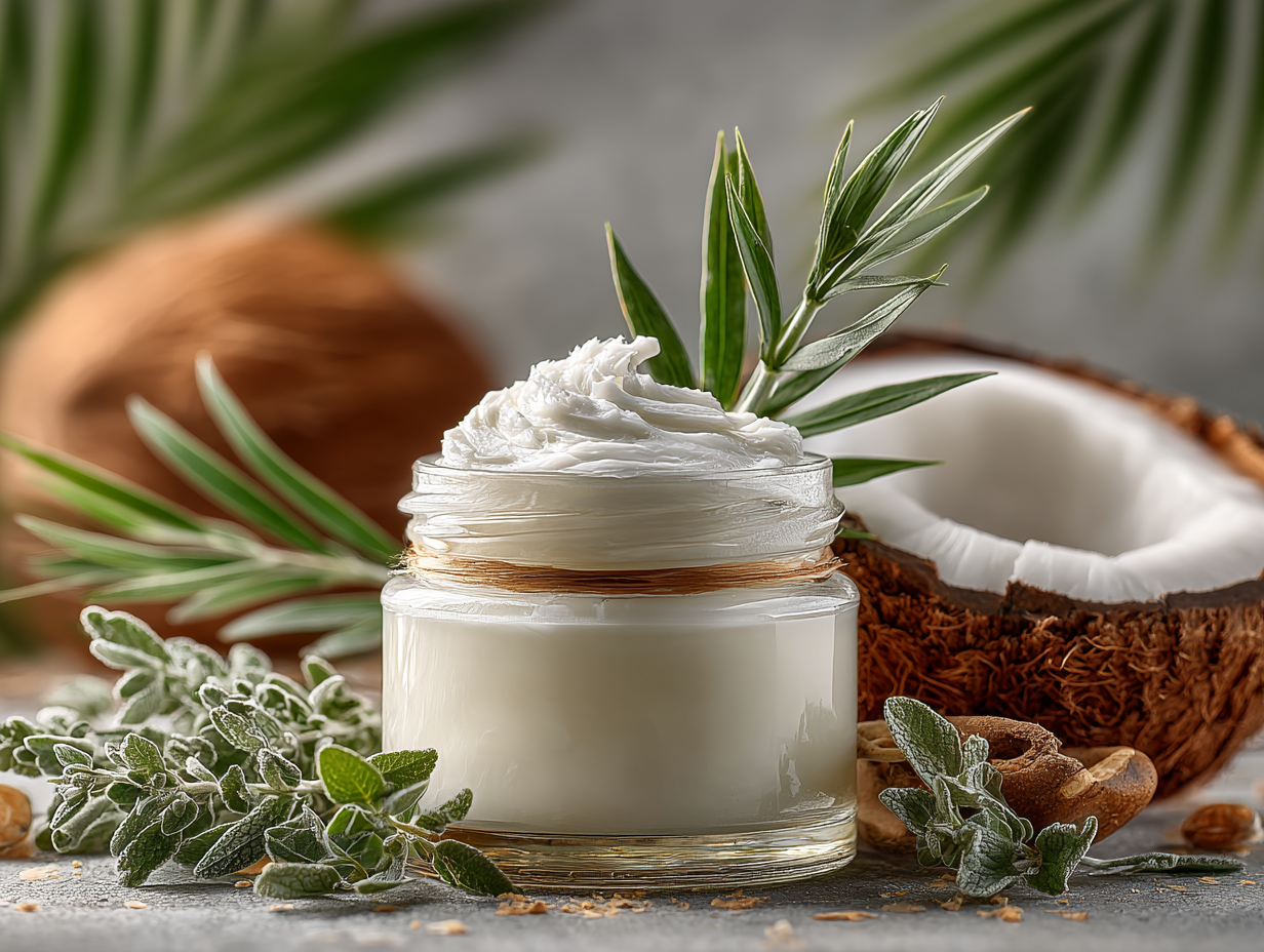 Imagem ultra realista de uma pomada natural para candidíase cercada por ingredientes como óleo de orégano, melaleuca, óleo de coco e aloe vera.