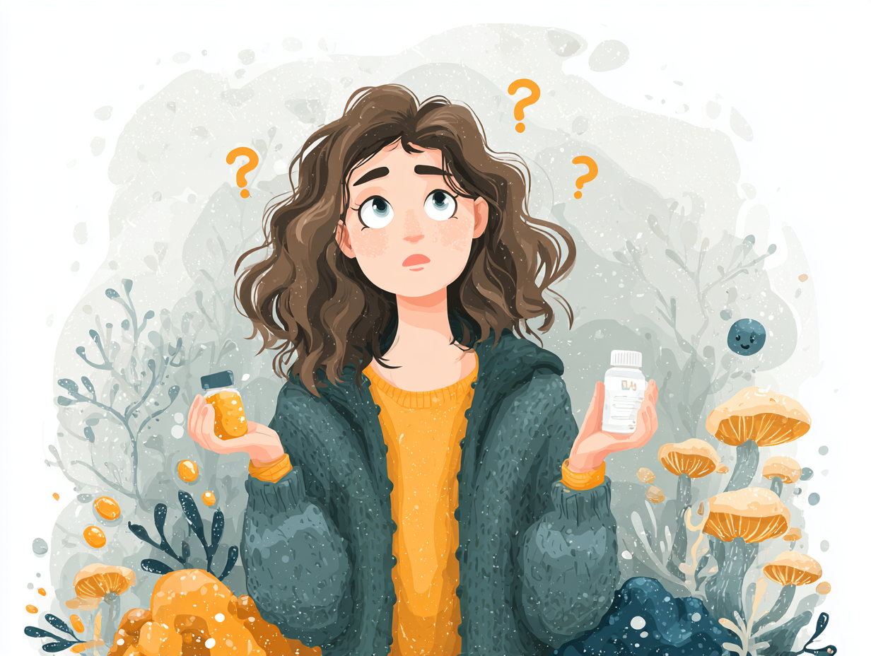 Ilustração flat de mulher segurando pomada e remédio, com dúvida sobre os melhores tratamentos para candidíase.