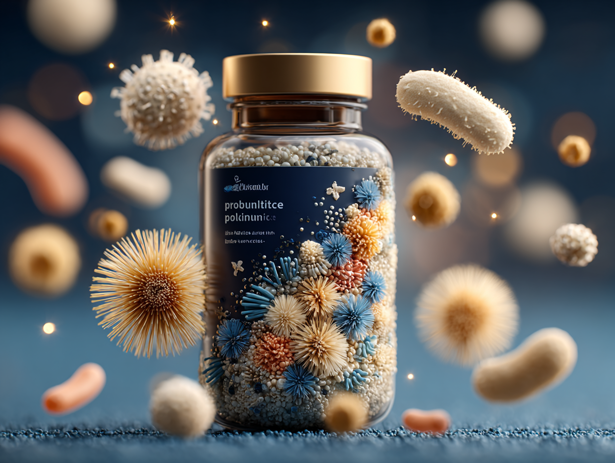 Ilustração flat de um pote de suplemento probiótico cercado por ícones de microbiota intestinal, bactérias boas e fungos, representando probiótico para candidíase como usar.