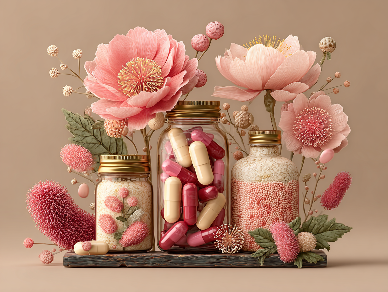 Ilustração flat de probióticos com flores, simbolizando o cuidado com a microbiota íntima feminina e o suporte à saúde vaginal com os melhores lactobacillus para candidíase.