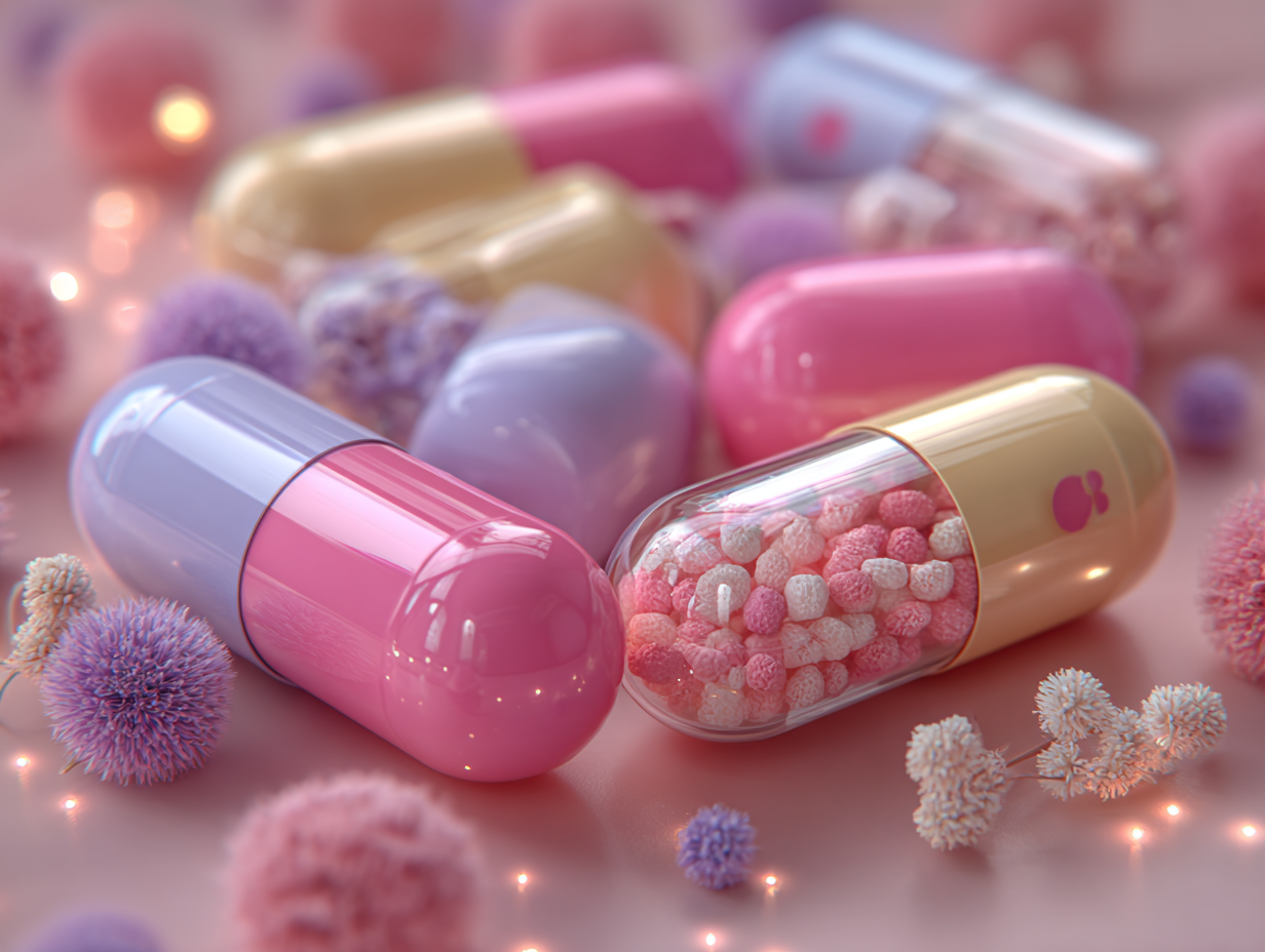 Cápsulas de probióticos representando suporte natural de probióticos para candidíase feminina.