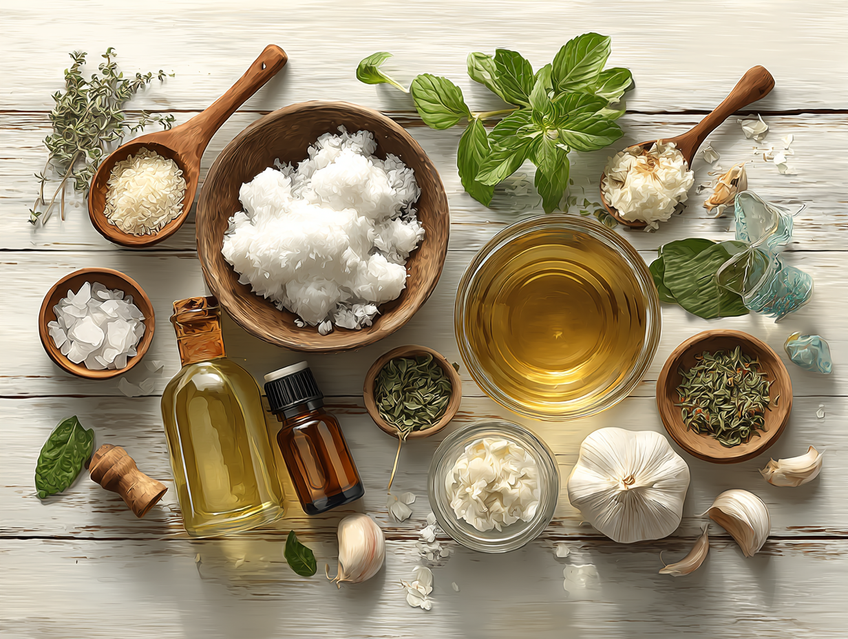 Mesa com remédios naturais como óleo de coco, orégano, alho e chás sobre superfície clara, representando alternativas de remédio caseiro para candidíase.