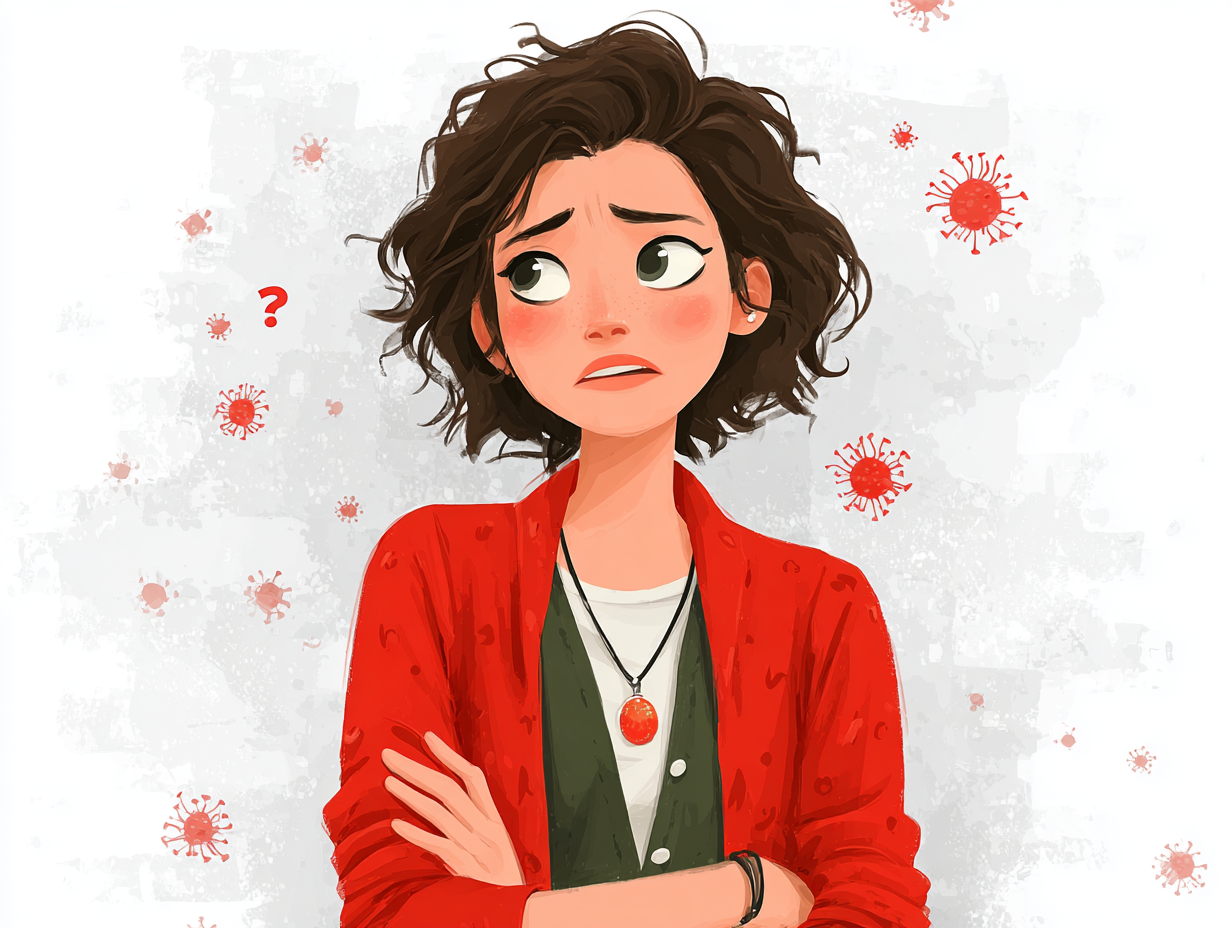 Ilustração médica de uma pessoa com sintomas de candidíase cutânea nas dobras da pele, como vermelhidão e coceira, refletindo os sintomas mais comuns.