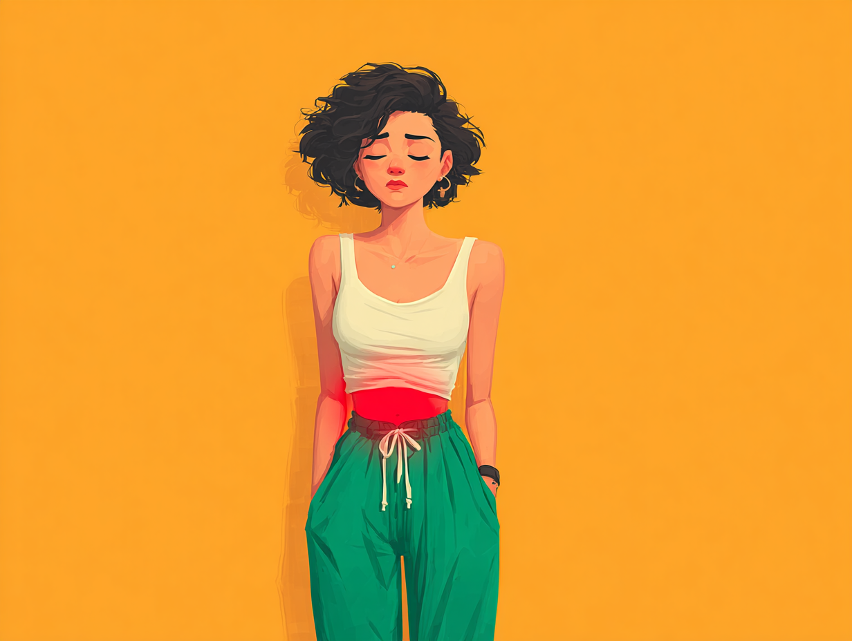 Mulher morena em pé com a mão sobre o abdômen, ilustrando o sintomas de candidíase leve.