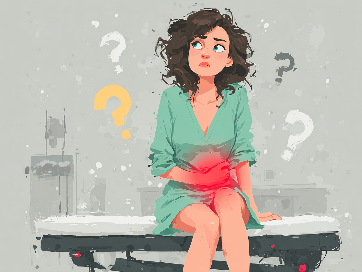 Ilustração médica de uma mulher sentada com desconforto na região pélvica, vestindo avental verde claro, com ícones representando infecção e sintomas de candidíase vulvovaginal.