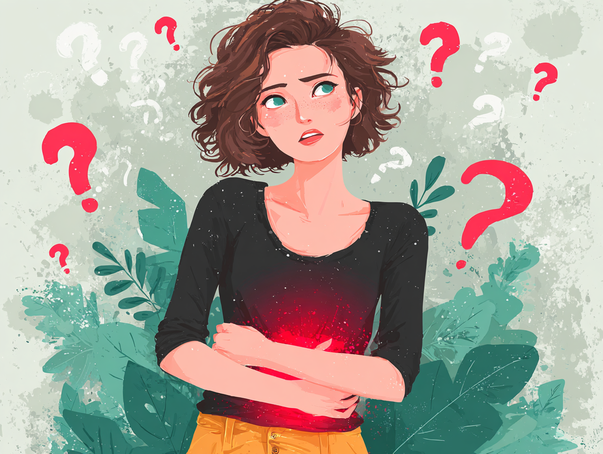 Ilustração médica de uma mulher com dor na região pélvica e expressão de dúvida, representando os sintomas de candidíase