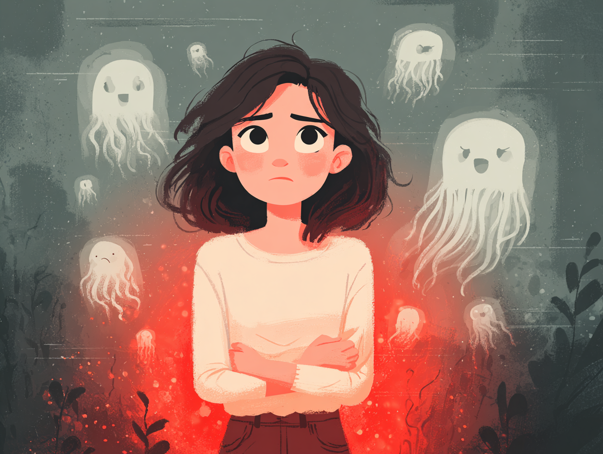 Mulher com expressão de dúvida e desconforto pélvico leve, cercada por fungos estilizados como fantasmas flutuantes, simbolizando a duvida se sintomas leves de candidíase são perigosos