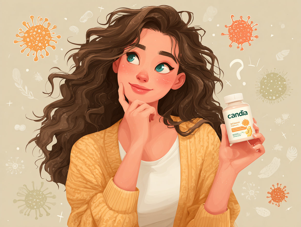 Ilustração de uma mulher analisando suplemento antifúngico com símbolos de candida e flora intestinal ao fundo, representando dúvidas sobre o uso seguro.