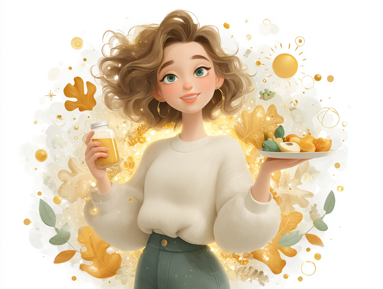 Mulher sorridente com aura dourada, segurando alimentos naturais e suplemento, representando saúde e tratamento para candidíase.