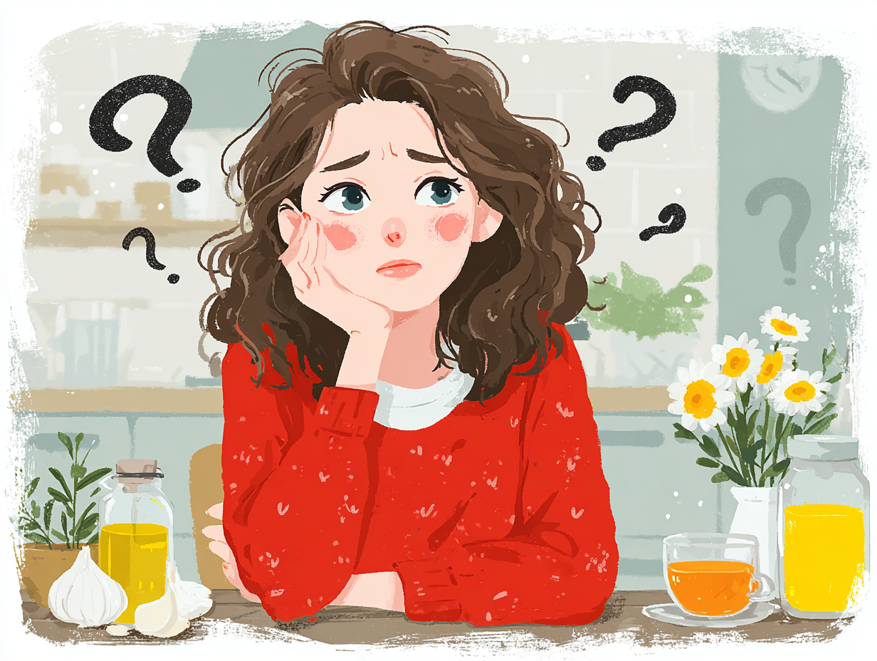 Ilustração médica em estilo flat de uma mulher com dor na região pélvica, rodeada por itens naturais antifúngicos, representando a dúvida de como tratar candidíase em casa.