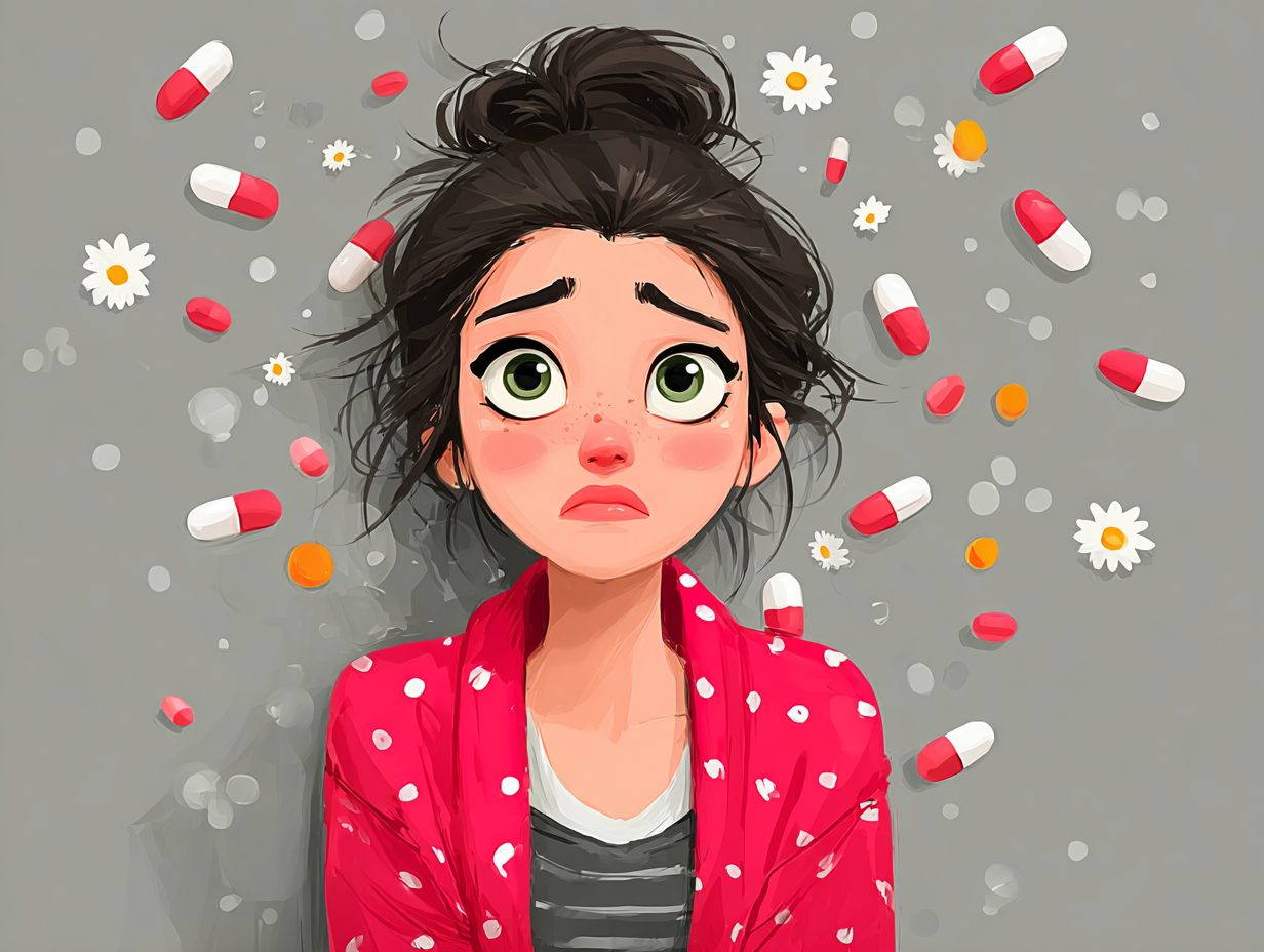 Ilustração médica de uma mulher preocupada se uso de antibióticos causa candidíase