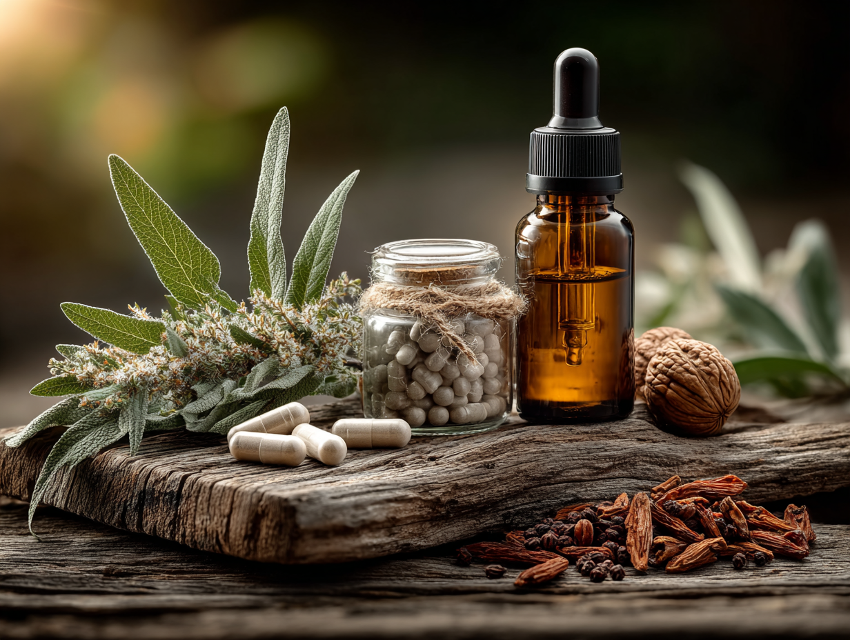 Kit de tinturas para desparasitação natural com cápsulas herbais sobre mesa rústica com ervas e fundo naturalista