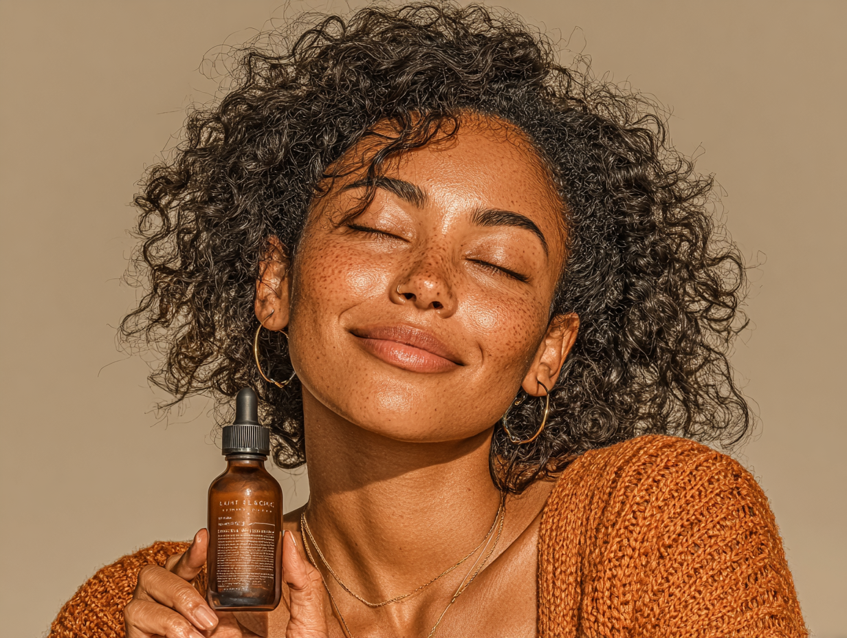 Mulher negra com frasco de tintura na mão, representando o início do protocolo Hulda Clark como fazer com tinturas de nogueira, cravinho e absinto.