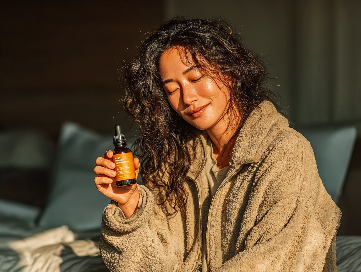 Mulher asiática observando um frasco de tintura com atenção, simbolizando a dúvida: é seguro fazer desparasitação com tinturas?