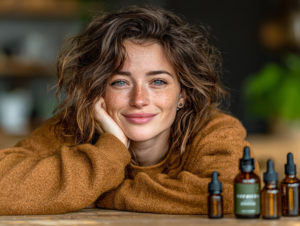 Mulher brunete segura frascos de tinturas e suplementos naturais em ambiente clean, representando o protocolo de desparasitação.