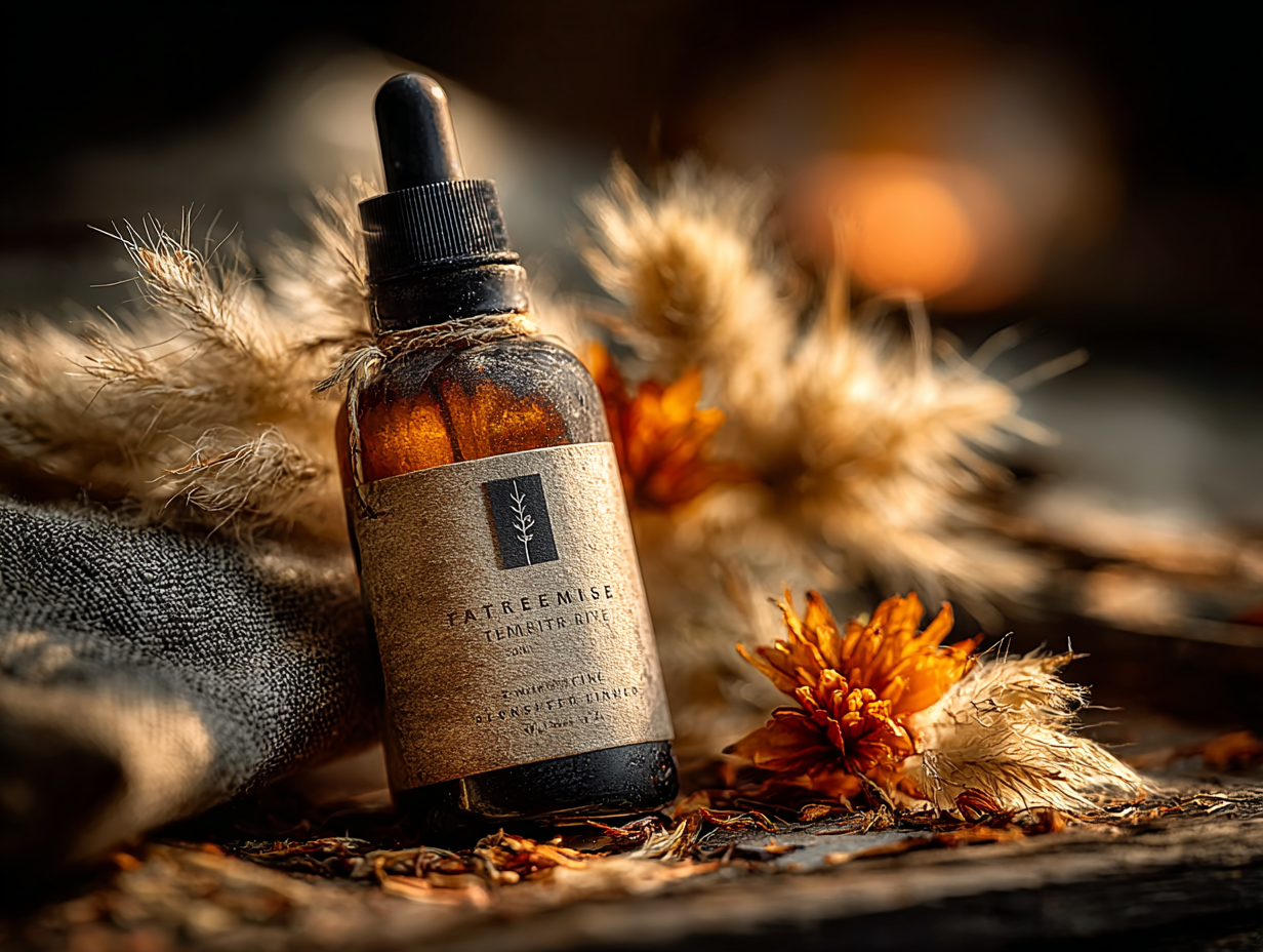 Frasco elegante de tintura sobre fundo suave, representando a tintura de nogueira benefícios no contexto da saúde intestinal.