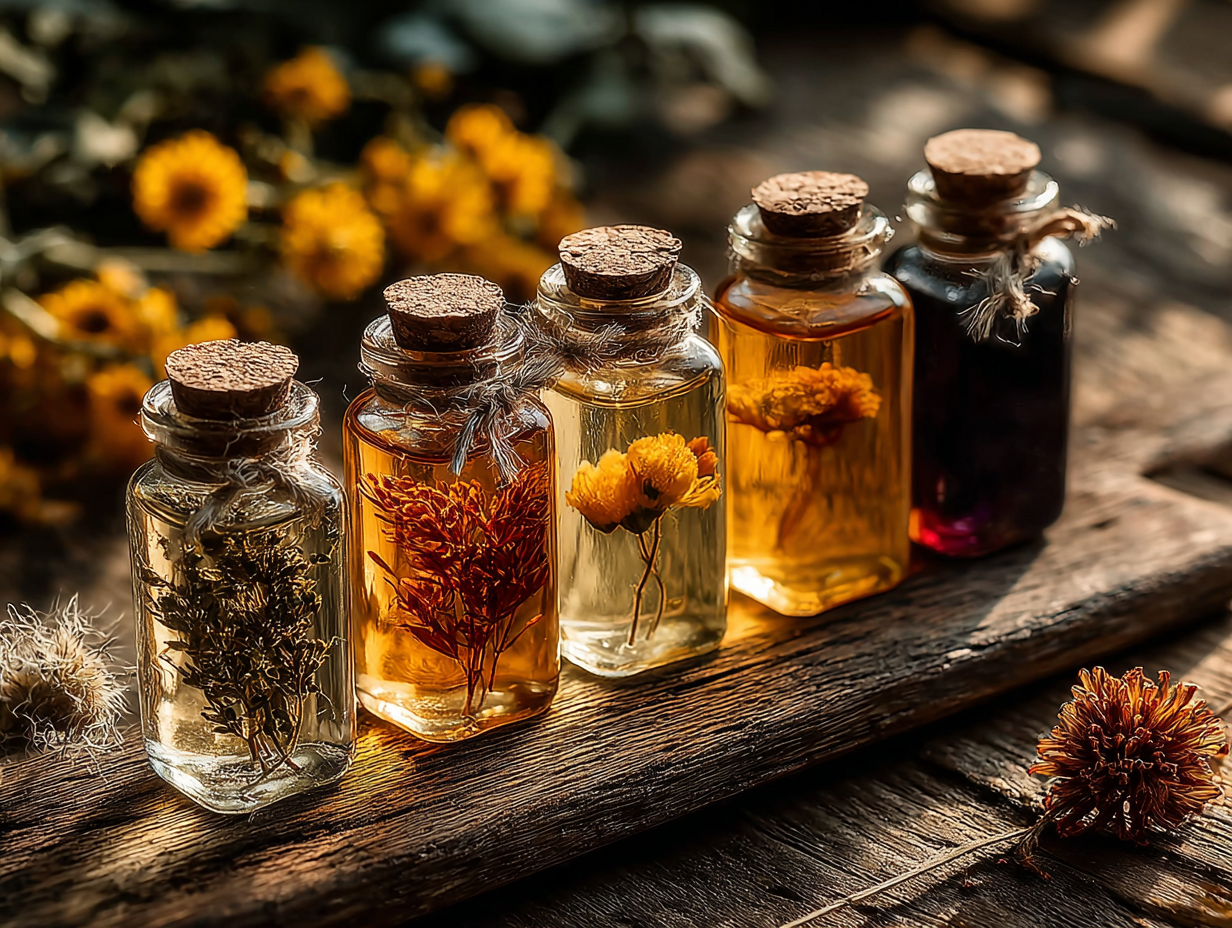 Composição naturalista de mesa com tinturas de plantas sem rótulo, representando o protocolo Hulda Clark de desparasitação em um cenário calmo e esteticamente agradável.
