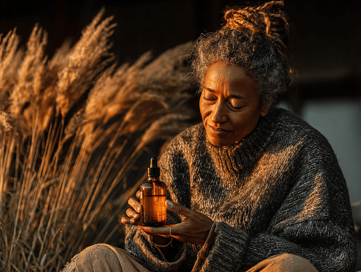Mulher negra bonita segurando uma tintura, representando o início da jornada com o protocolo Hulda Clark