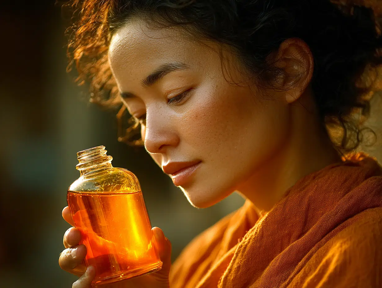 Mulher oriental segurando um frasco de tintura, representando o protocolo desparasitação humana natural