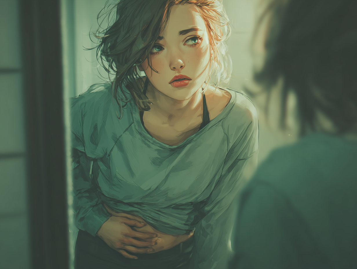 Ilustração médica emocional de uma mulher olhando para o espelho com expressão de dúvida e desconforto pélvico, representando a transição da presença natural da Candida doença.