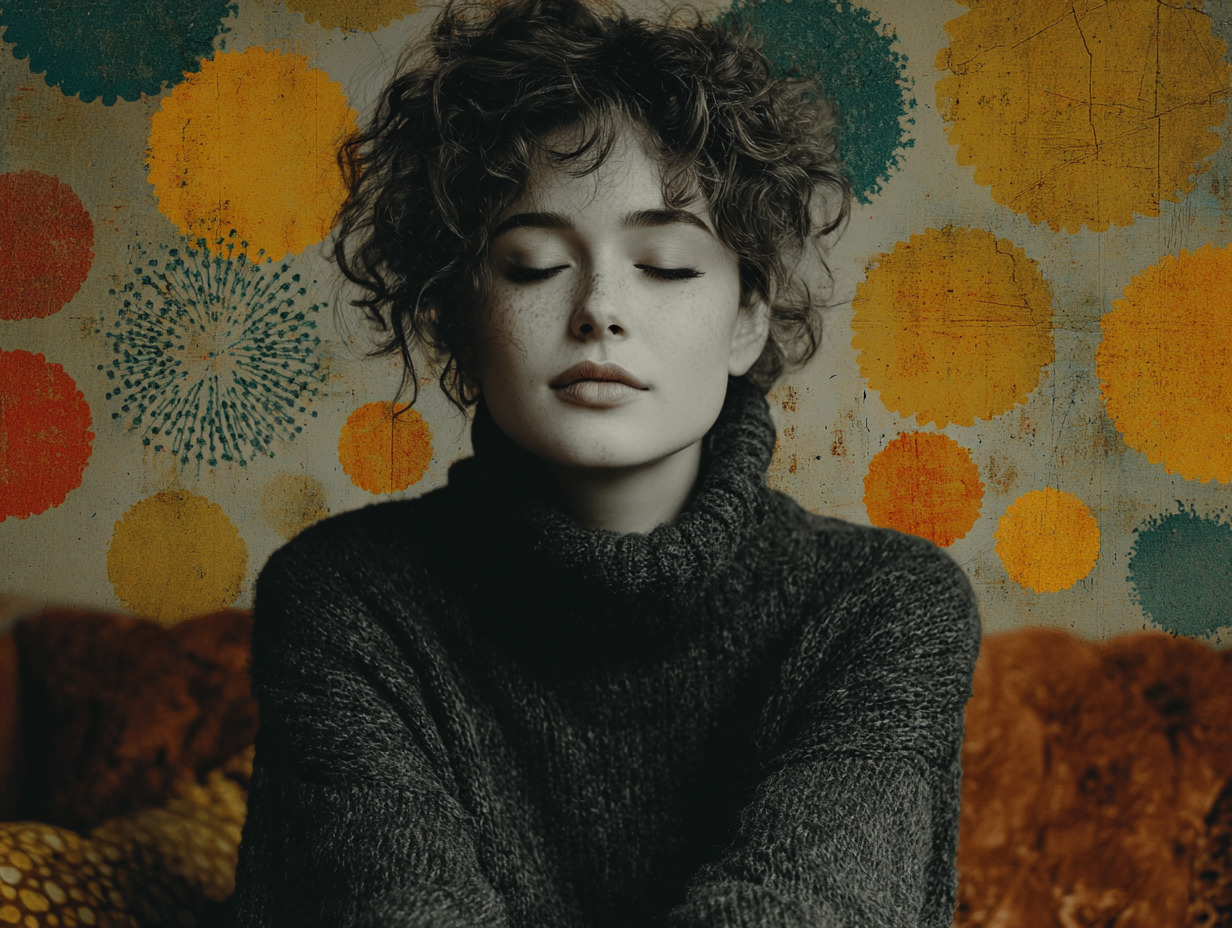 Ilustração emocional de mulher morena introspectiva, com fundo de ciclos repetitivos, representando a candidíase com frequência.