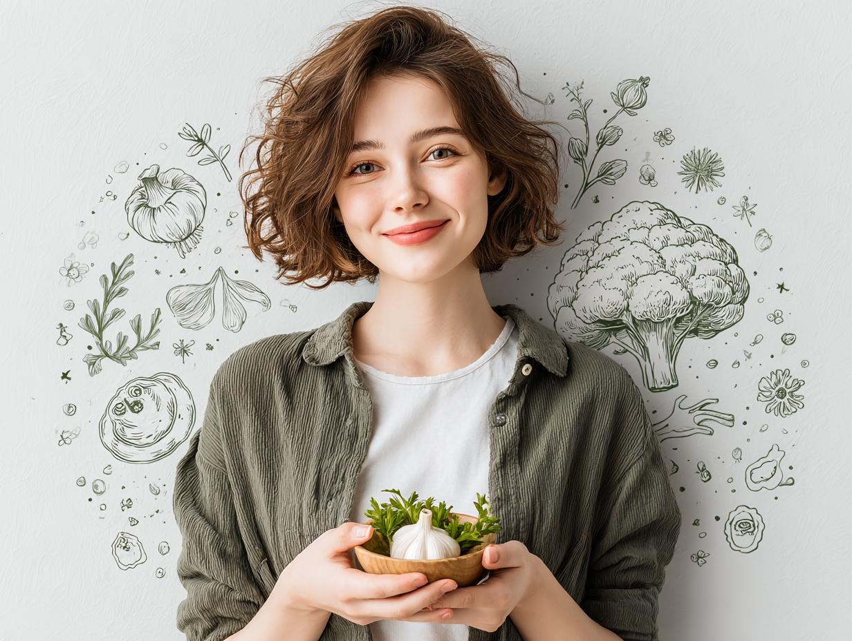 Ilustração moderna e positiva de mulher confiante segurando alimentos naturais e símbolos intestinais, representando a candidíase intestinal tratamento natural