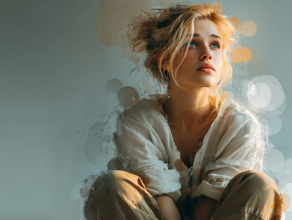 Ilustração emocional de uma mulher loira introspectiva, com fundo simbólico representando o desconforto interno da candidíase no estômago.