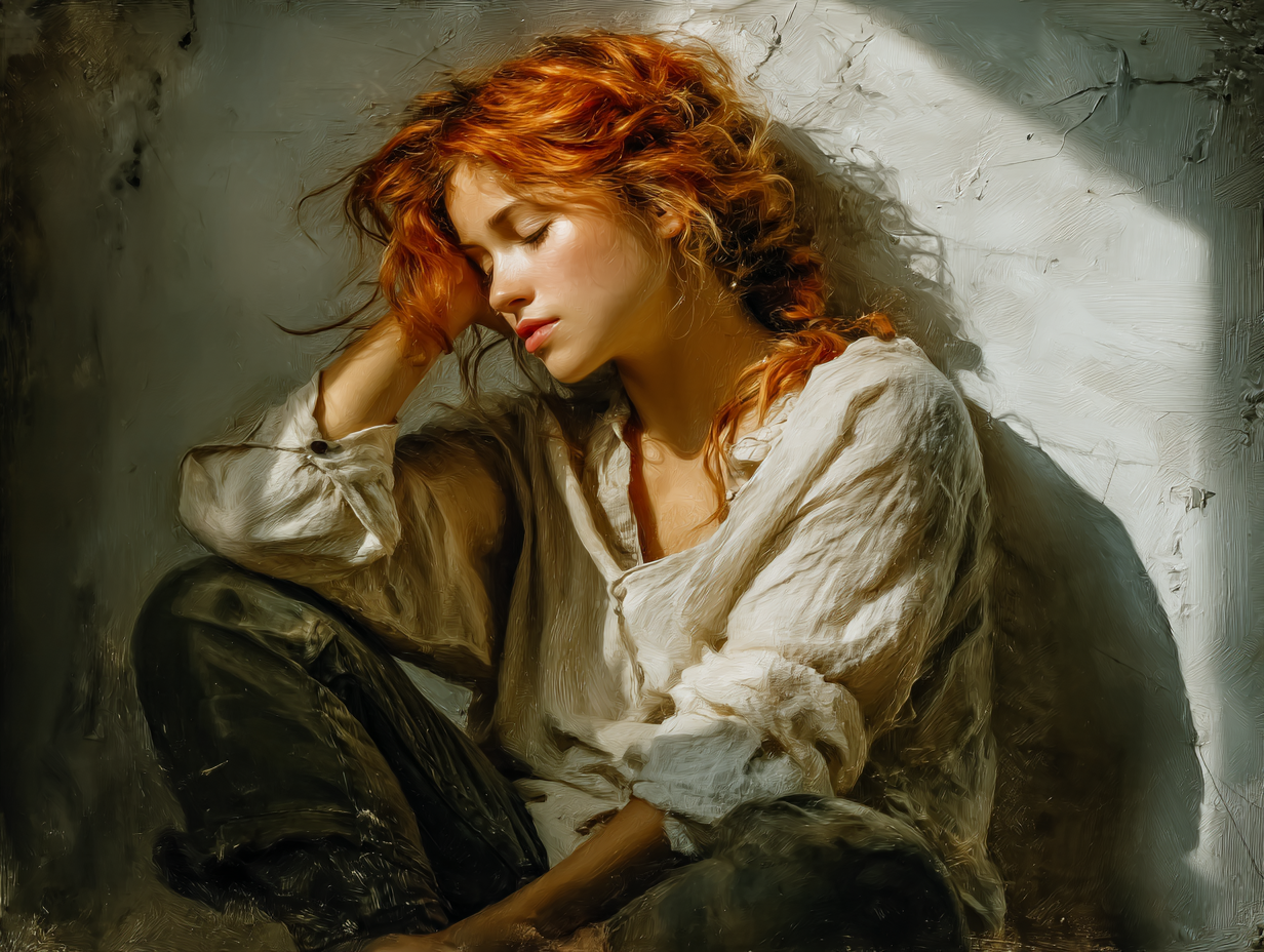 Ilustração emocional de uma mulher ruiva introspectiva, representando a frustração da candidíase que não passa, em ambiente limpo e simbólico.