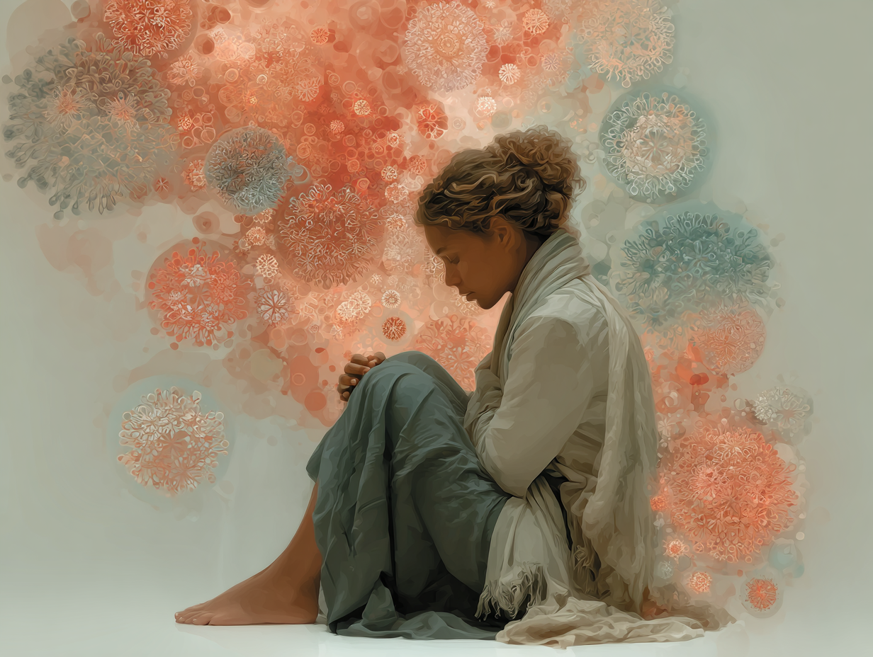 Ilustração emocional de uma mulher sentada em posição fetal, com fundo simbólico de ciclos repetitivos, representando a frustração da candidíase recorrente causas.