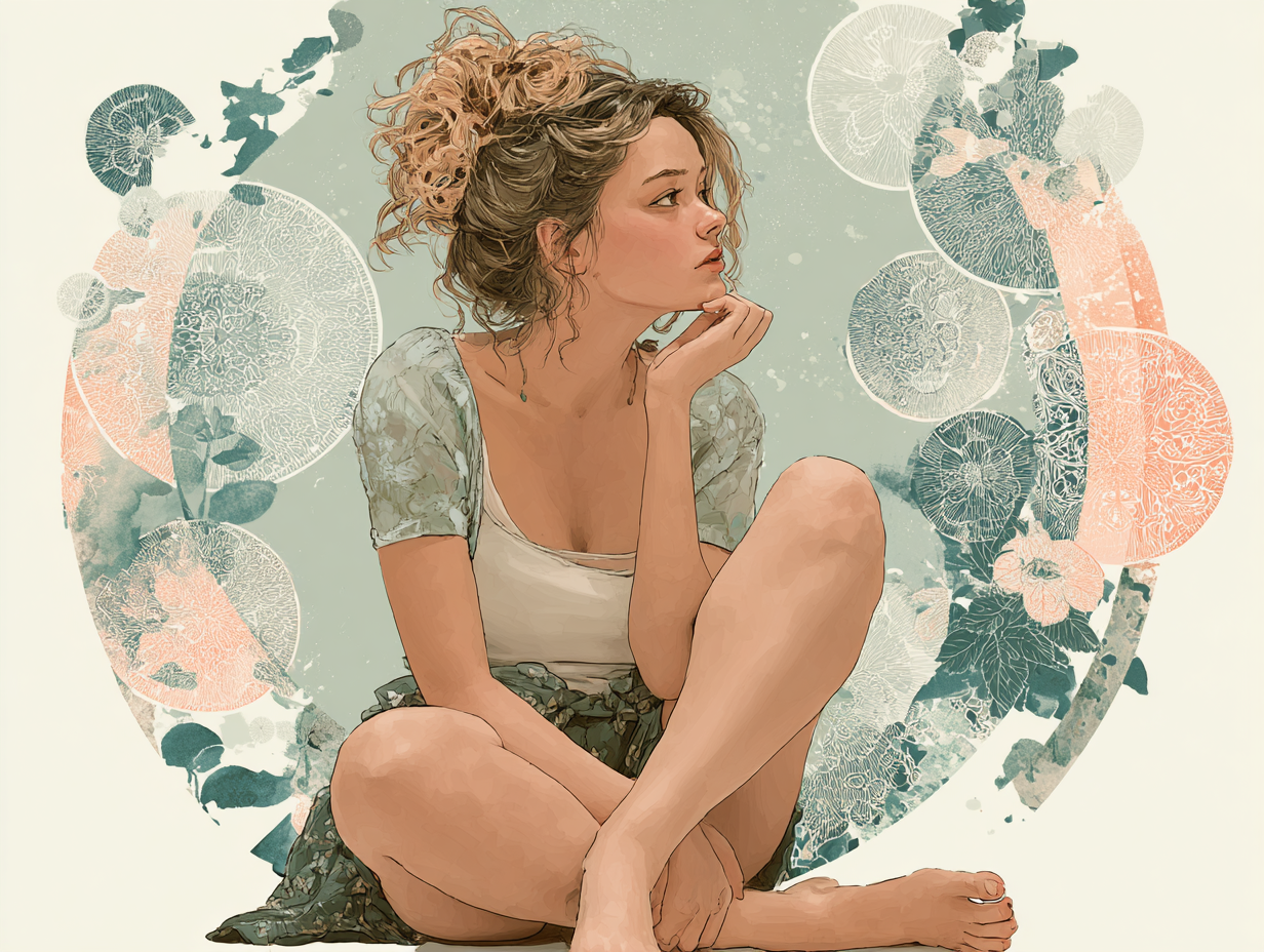 Ilustração emocional de uma mulher em posição fetal, cercada por ciclos repetitivos, com expressão de dúvida e frustração diante da candidíase recorrente o que fazer.